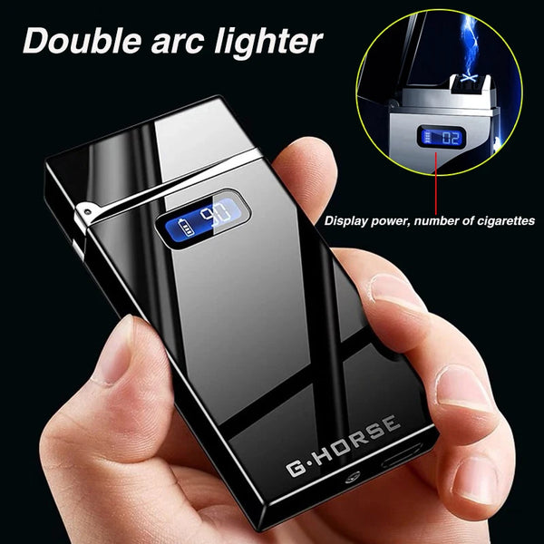 USB Electronic Charging lighter Dual Arc Plasma Cigarette Lighter LED Power Windproof Electric Pulse Torch Lighters Gadgets Men